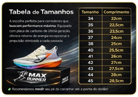 Tabela de tamanhos do tênis